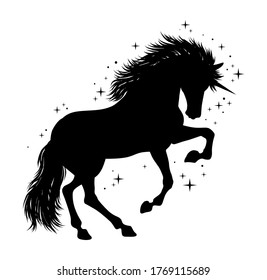 Magic unicorn vector silhouette. Stylish symbol, artwork, tattoo. Hand drawn horse vector illustration in hand drawn cartoon style.