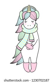 Magic unicorn with winter accessories. Winter lettering.