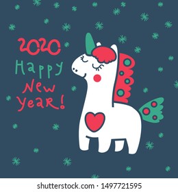 Magic unicorn in the winter, for your design 2020 cards, vector illustration