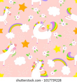 Magic unicorns background. Seamless pattern with mistycal horse with corn and stars and rainbow with clouds. Cute character with bird, flower and eating icecream. Cartoon floral vector illustration