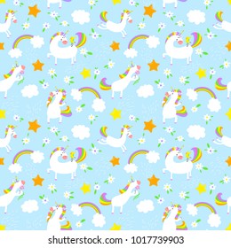 Magic unicorns background. Seamless pattern with mistycal horse with corn and stars and rainbow with clouds. Cute character with bird, flower and eating icecream. Cartoon floral vector illustration