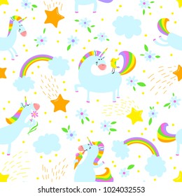 Magic unicorns background. Seamless pattern with mistycal horse with corn and stars and rainbow with clouds. Cute character with bird, flower and eating icecream. Cartoon floral vector illustration