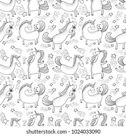 Magic unicorns background. Seamless pattern with mistycal horse in doodle children style. Cute character with bird, flower and eating icecream. Sketchy vector illustration