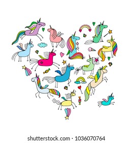 Magic unicorns collection, heart shape for your design