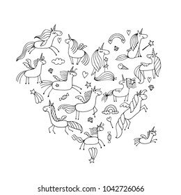 Magic unicorns collection, heart shape for your design