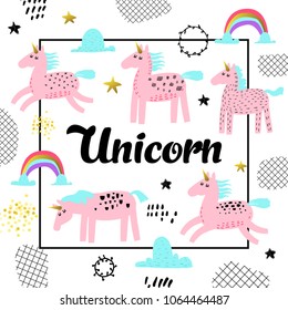 Magic Unicorns Hand Drawn Design. Childish Fairytale Background for Poster, Greeting Card, Decoration, Cover. Vector illustration