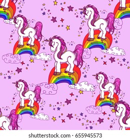 Magic unicorns on rainbow pink seamless pattern. Children's symbol of dream, creativity, imagination. Beautiful unicorn on color rainbow pattern. Cute kids cartoon fantasy animal