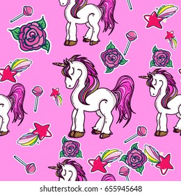 Magic unicorns seamless pattern. Children's symbol of dream, creativity, imagination. Beautiful unicorn fashion pattern. Cute kids cartoon fantasy animal