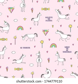 Magic unicorns seamless pattern isolated on pink background. Vector illustration.