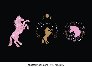 Magic unicorns vector illustration. Magical forest decor