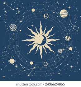 Magic universe, galaxy, orbiting planets around the sun, night sky, space and astrology sorcery, vector