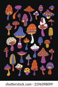 Magic unreal mushrooms set on a dark background. Vector Illustration of space. Details for games and mobile applications. Hand-drawn. All objects are separated. Vector illustration.