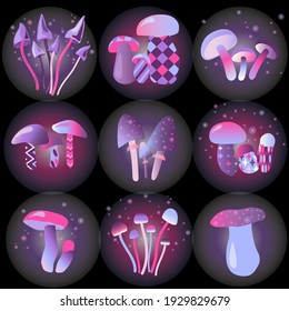 Magic unreal mushrooms set. Vector Illustration of space. Details for games and mobile applications