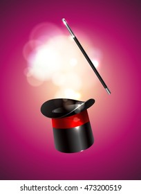 Magic vector background. Vector illustration. Magic cylinder hat and wand with magical glow.
