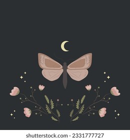 Magic vector background with moths, moon and stars, flowers and botanical elements on dark background