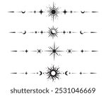 Magic vector border with celestial stars sun and moon. Astrology fantasy decorative ornament. Divider with mystic spiritual symbols. Astral minimal design with elegant elements