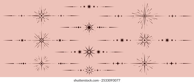 Magic vector border with celestial stars. Astrology fantasy decorative ornament. Divider with mystic spiritual symbols. Astral minimal design with elegant elements