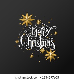Magic vector calligraphic hand lettering Merry Christmas with gold stars and beads. Christmas Greeting Card template