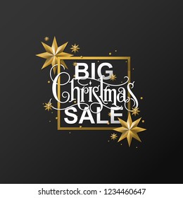 Magic vector calligraphic hand lettering Big Christmas Sale with gold stars and beads. Christmas Sale Card template isolated on dark background