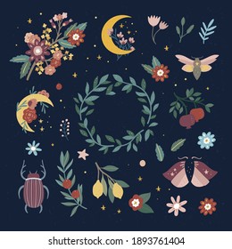 Magic vector collection with moths, moon and stars, floral wreath, flowers and botanical elements on dark background