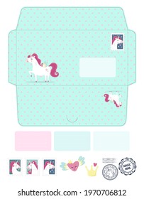 Magic vector die laser cut envelope template with unicorns. Fantasy and lovely set. Cute, colorful childish invitation or letter envelope mockup for laser or plotter cutting. Fairy envelope. 