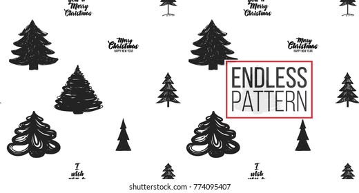 Magic vector fir forest with Merry Christmas greetings seamless pattern. Xmas and happy new year greeting card backdrop design. Retro hand drawn flat art on white background.