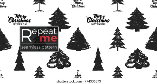 Magic vector fir forest with Merry Christmas greetings seamless pattern. Xmas and happy new year greeting card backdrop design. Retro hand drawn flat art on white background.
