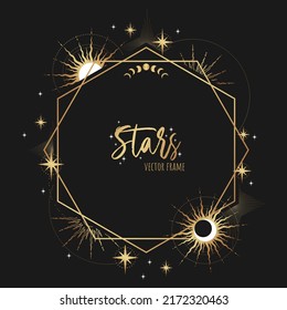 Magic vector frame with moon, stars and constellations. Gold elegant ornament. Mystic frame for tarot, esoteric, astrology design. Template for poster and prints.