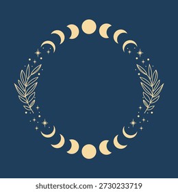 Magic vector frame with moon, stars and plants. Mystic frame for tarot, esoteric, astrology design. Template for poster and prints.