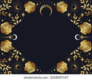 Magic vector frame with plants, moon, stars and flowers. Gold ornament. Mystic frame for tarot, esoteric, astrology design. Template for poster and prints.