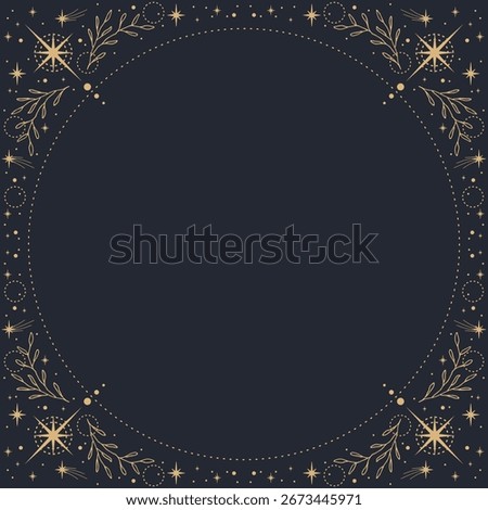 Magic vector frame with plants, stars and constellations. Mystic frame for tarot, esoteric, astrology design. Template for poster and prints.