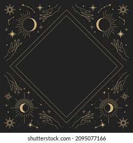 Magic vector frame with sun, hands, moon, stars and constellations. Gold elegant ornament. Mystic frame for tarot, esoteric, astrology design. Template for poster and prints.