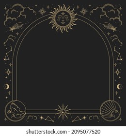 Magic vector frame with sun, moon, stars and constellations. Gold elegant ornament. Mystic frame for tarot, esoteric, astrology design. Template for poster and prints.