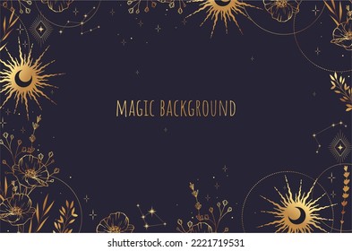 Magic vector frame with sun, moon, plants and constellations. Gold elegant ornament. Mystic frame for tarot, esoteric, astrology design. Template for poster and prints.