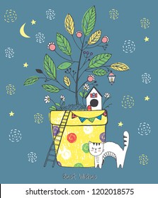 Magic vector hand drawn sketch illustration with polka dot flowerpot, sweet home decor, cute white cat, good night, stars, moon, beautiful tree, lettering best wishes, greeting card