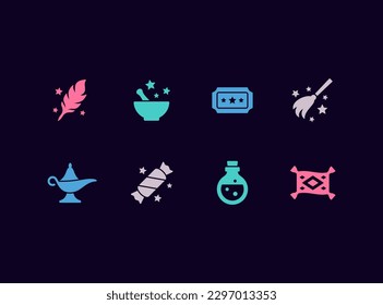Magic vector icon set. Magic tricks, circus, witchcraft signs.