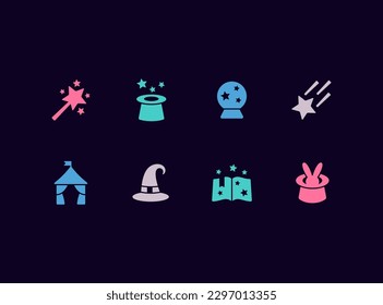 Magic vector icon set. Magic tricks, circus, witchcraft signs.