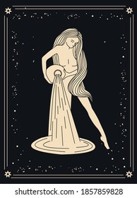 Magic, vector illustration; astrological chart of the zodiac sign; aquarius on a dark gray, black background. Woman in the starry sky. Gold sign on a dark background. A woman with a jug in her hands.