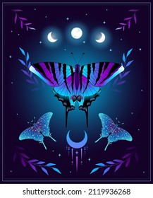 Magic vector illustration of moon moth in blue colors. For print for T-shirts and bags, decor element. Mystical and magical, astrology illustration