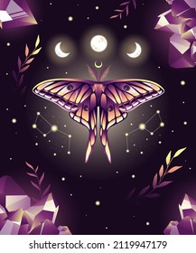 Magic vector illustration of moon moth in purple colors. For print for T-shirts and bags, decor element. Mystical and magical, astrology illustration