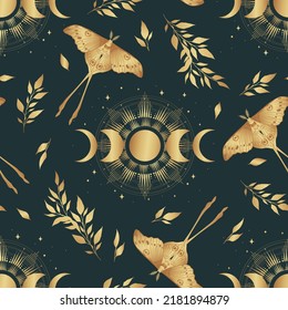 Magic vector illustration of moon moth and moon phases in gold colors. For print for T-shirts and bags, decor element. Mystical and magical, astrology illustration