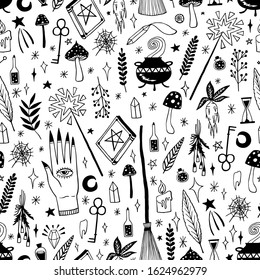 Magic vector illustration seamless pattern set of accessories hand drawing