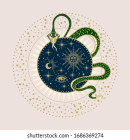 magic vector illustration with a snake, sun, moon, eye, stars, tarot cards