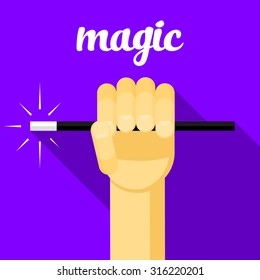 magic vector illustration, magic wand in hand, hand, magic flat design, wizard, sorcerer, mage