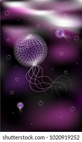 Magic Vector Jellyfish Pattern with light white. Jellyfish swimming and The sea, the deep, sea bubbles in purple sea water background. marine concept image in flat style