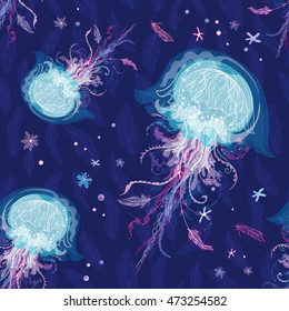 Magic Vector Jellyfish Pattern | Seamless ocean boho style pattern with ornamental medusa with tribal elements - feathers and flowers on blue background