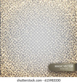 Magic vector luminous background. Shine particles isolated on transparent background. Dust cloud with glow light. Luxurious frame with a gold placer.  Vector illustration EPS10