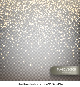 Magic vector luminous background. Shine particles isolated on transparent background. Dust cloud with glow light. Luxurious frame with a gold placer. Vector illustration EPS10