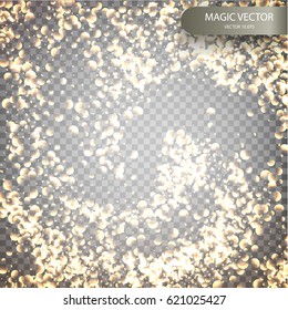 Magic vector luminous background. Starry Glitter Trail Background. Shine particles isolated on transparent background. Dust cloud with glow light. Vector illustration EPS10