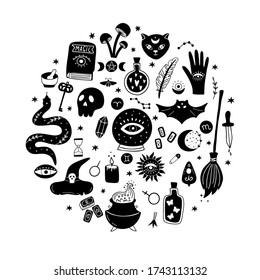 Magic Vector Round Set Consists Of A Crystal Ball, Black Cat, Bat, Skull, Magic Elixir, Snake, Eyes, Etc. Hand-drawn Icons With Symbols Of Witchcraft Isolated On A White Background.